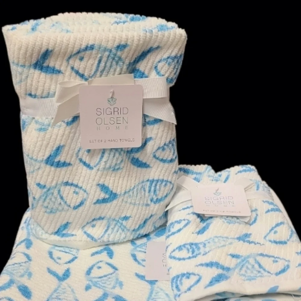 6pc Sigrid Olsen Blue Fish Coastal Nautical Sea Bath Hand Tip Towel Set New